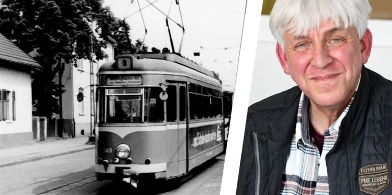 Recklinghausen: Links im Bild eine historische Straßenbahn, rechts ein Mann.