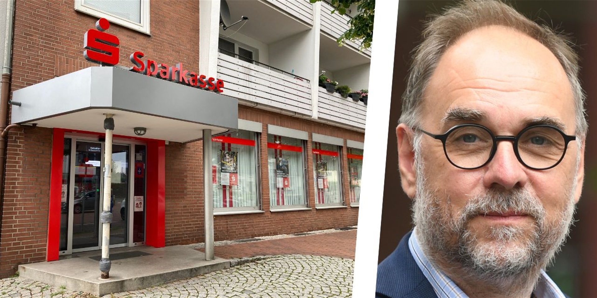 Stefan Fokken, Sprecher der Sparkasse Vest, neben dem Eingangsbereich der Filiale der Sparkasse Vest in Herten-Langenbochum.