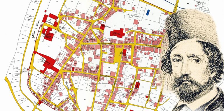 Ferdinand Werne vor einem Plan der Recklinghäuser Altstadt 1820.