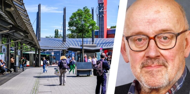 Ein Bild des Busbahnhofs Recklinghausen, daneben: ein Porträt von Wolf-Dietmar Loos.