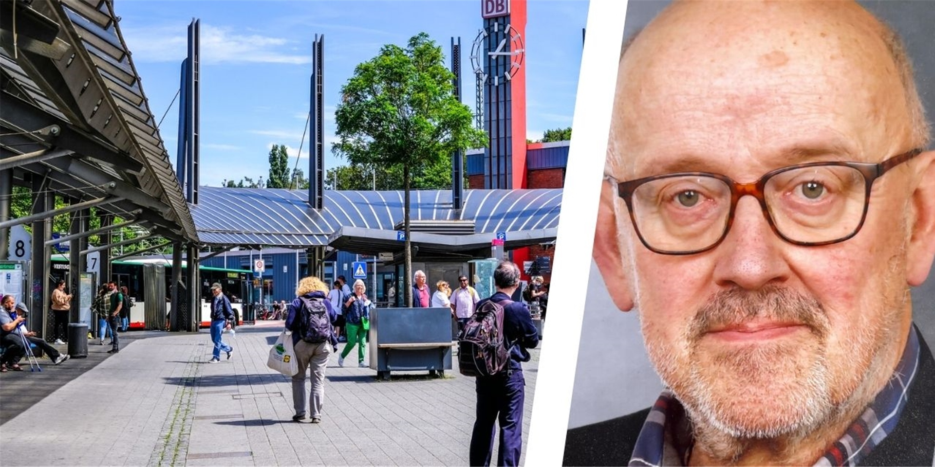 Ein Bild des Busbahnhofs Recklinghausen, daneben: ein Porträt von Wolf-Dietmar Loos.