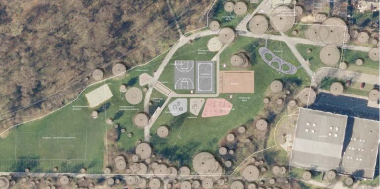 Dieser Plan für die Hallenbadwiese ist der jüngste von Mai 2022. Er geht jetzt in die politische Beratung zur Änderung des FNP ein. Ein Großteil der neuen Sportflächen liegt mitten auf der Hallenbadwiese.