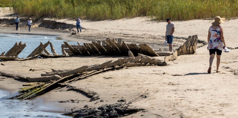 Spaziergänger betrachten ein altes Schiffswrack, das linksrheinisch am Ufer des Rheins liegt.