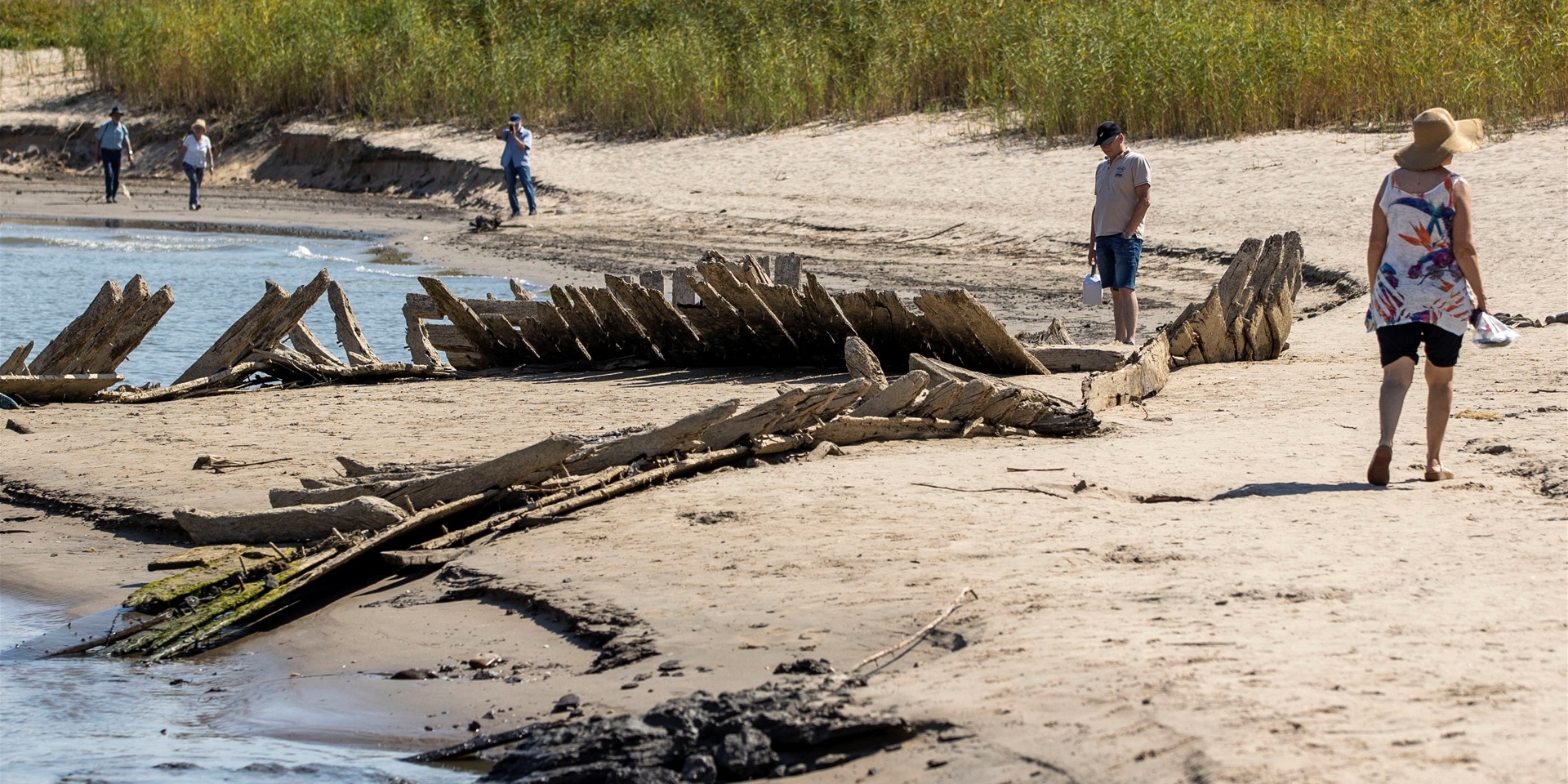 Spaziergänger betrachten ein altes Schiffswrack, das linksrheinisch am Ufer des Rheins liegt.