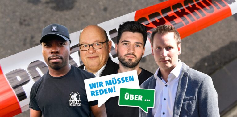 William Dountio, Rafael Behr, Lukas Wittland und Torsten Seiler (v.l.) diskutieren beim Live-Talk am Mittwoch (17. August) um 19 Uhr über den Tod des 16-jährigen Mouhamed D. Er war am Montag (8. August) durch Schüsse aus einer Maschinenpistole der Polizei getötet worden.