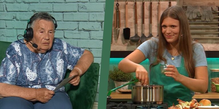 Während Oma Elfriede im Nebenraum per Mikrofon Anweisungen und Tipps gibt, versucht sich Enkelin Lara im TV-Kochstudio an Zwiebelsuppe mit Hackbällchen.