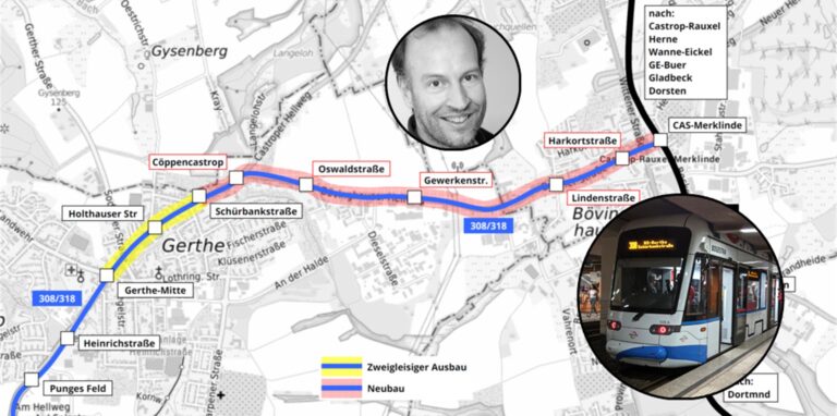 Das wäre der Verlauf der Straßenbahn von Gerthe bis Merklinde-Bahnhof, wenn es nach der Idee von Ratsherr Volker Steude aus Bochum ginge.