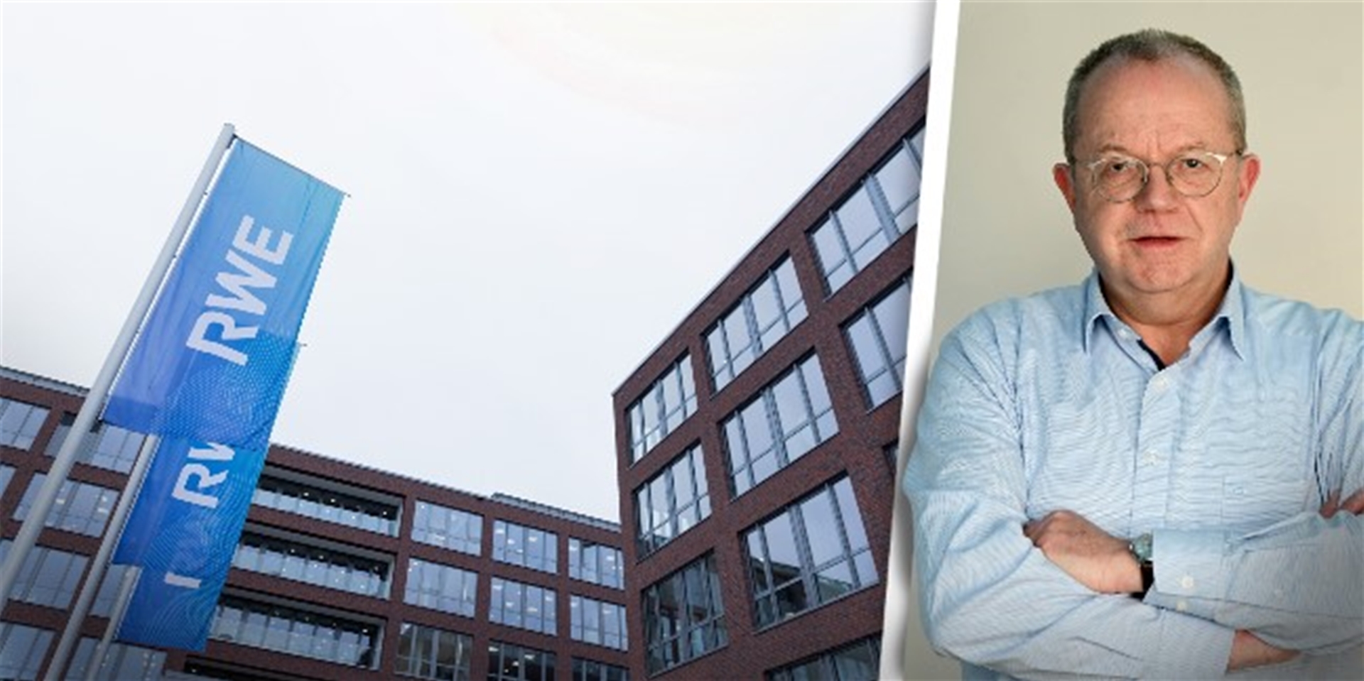 Autor Ulrich Breulmann rechts in der Montage neben der Fassade des RWE-Gebäudes.
