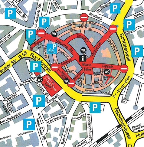 In den rot und rosa unterlegten Bereichen ist der Autoverkehr ausgesperrt. In den rot und rosa unterlegten Bereichen ist der Autoverkehr ausgesperrt.