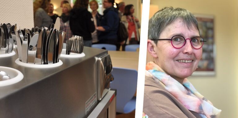 Besteck in einer Schulmensa und Schulleiterin Brigitte Edeler von der Sekundarschule Süd.