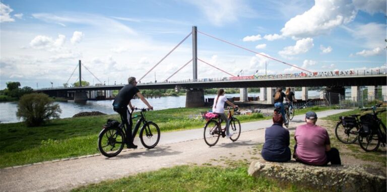 Fahrradfahrer fahren am Rheinufer entlang, im Hintergrund ist die Rheinbrücke der A1 zu sehen.