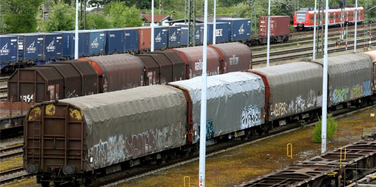 Güterzüge stehen auf den Gleisen in Duisburg.