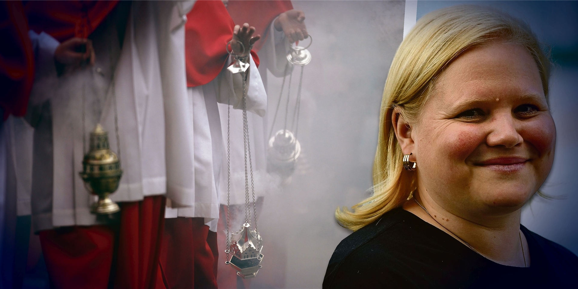 Pastoralreferentin Ann-Kathrin Müller-Boßle aus Oer-Erkenschwick in einer Bildmontage mit Messdienern, die Weihrauchfässer schwenken