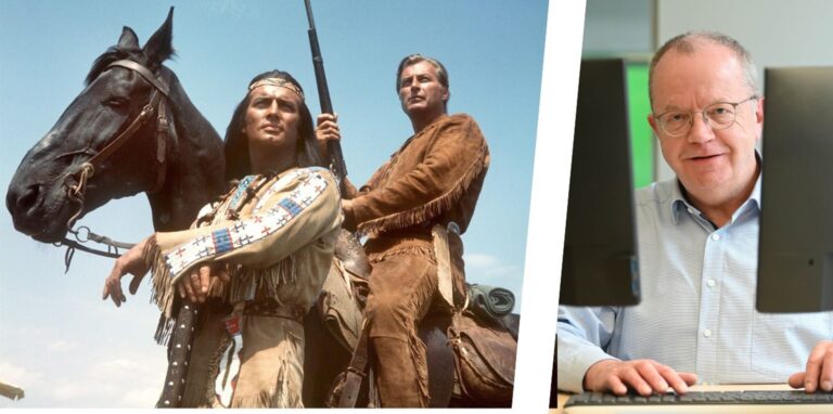 Pierre Brice in der Rolle des Winnetou mit seinem Partner Lex Barker als Old Shatterhand in der berühmten Verfilmung.