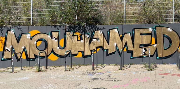 Das Graffiti für Mouhamed D. ist auf etwa zehn Metern Breite auf einer Wand hinter dem FZW angebracht worden.