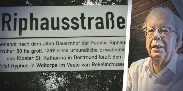 Das Straßenschild der Riphausstraße neben dem Heimatvereinsvorsitzenden Norbert Frey