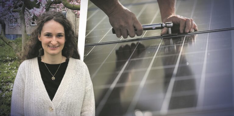 Die Kombo zeigt Waltrops Klimamanagerin Nadine Schmidt neben einem Solarmodul