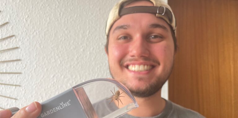 Hendrik Vollmers mit der eingefangenen Nosferatu-Spinne