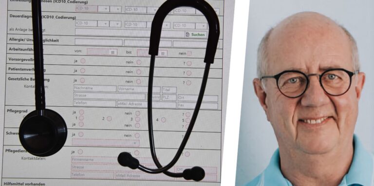 In einem Behandlungszimmer einer Praxis hängt ein Stethoskop vor einer digitalen Patientenakte. Dr. Jürgen Philipp befürchtet, dass es für viele Hertenerinnen und Hertener im kommenden Jahr schwerer sein könnte, einen passenden Arzt zu finden.