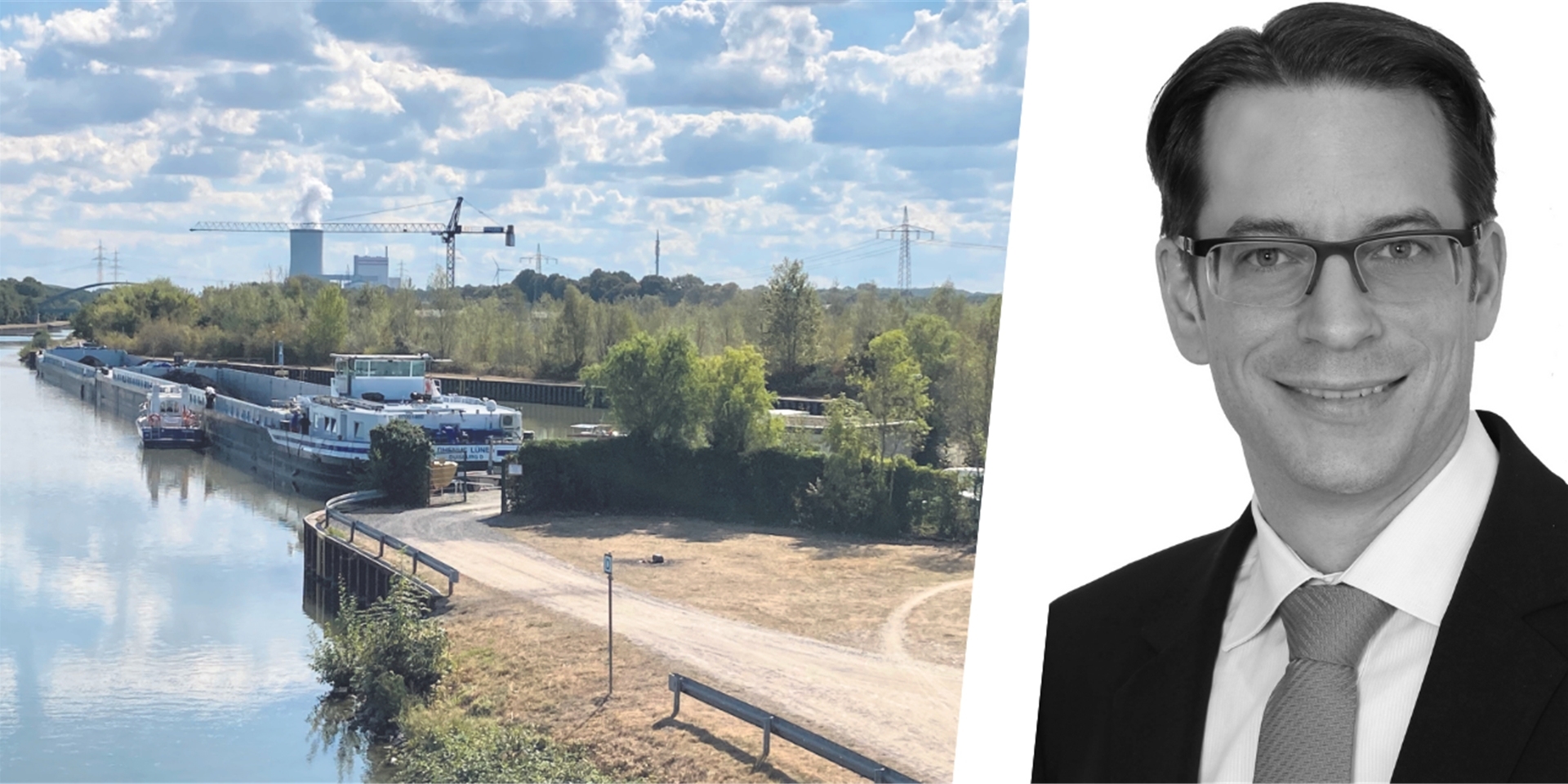 Montage: Am Nierhoff-Hafen in Waltrop hat ein Kohlefrachter angelegt. Rechts ein Porträtfoto von Projektmanager Matthias Franz.