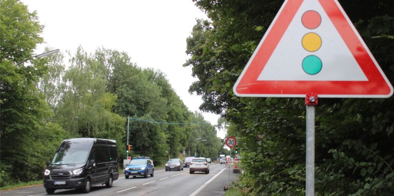 Ein Ampelschild im Vordergrund, im Hintergrund ist eine Baustelle zu sehen.
