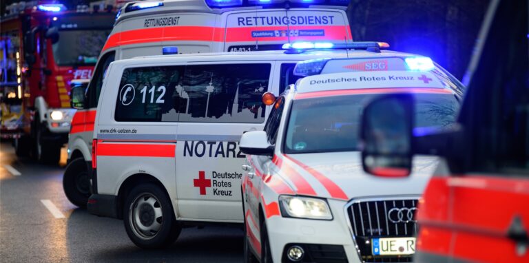 Fahrzeuge der Feuerwehr stehen am Rhein.