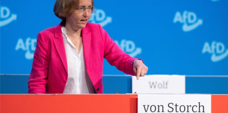 Beatrix von Storch, stellvertretende Bundessprecherin der AfD, steht vor Beginn des Bundesparteitag der AfD in der Sachsenarena an ihrem Platz.