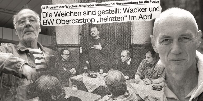 1997 stellten die Mitglieder des BV Wacker Castrop mit ihrem Vorsitzenden Dieter Heermann (l) die Weichen für die Fusion mit BW Obercastrop. Trainer Volker Krumtünger (r) übernahm in der folgenden Saison die 1. Mannschaft des Fusionsvereins.