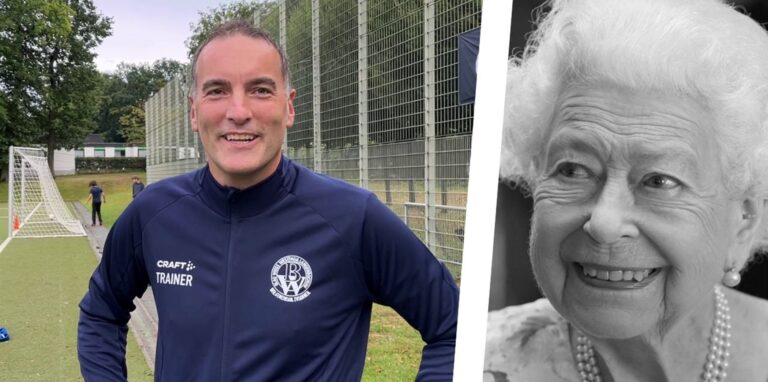 Der gebürtige Brite Andy Sidell auf der Platzanlage von Blau-Weiß Westfalia Langenbochum, neben einem Bild von Queen Elizabeth II.