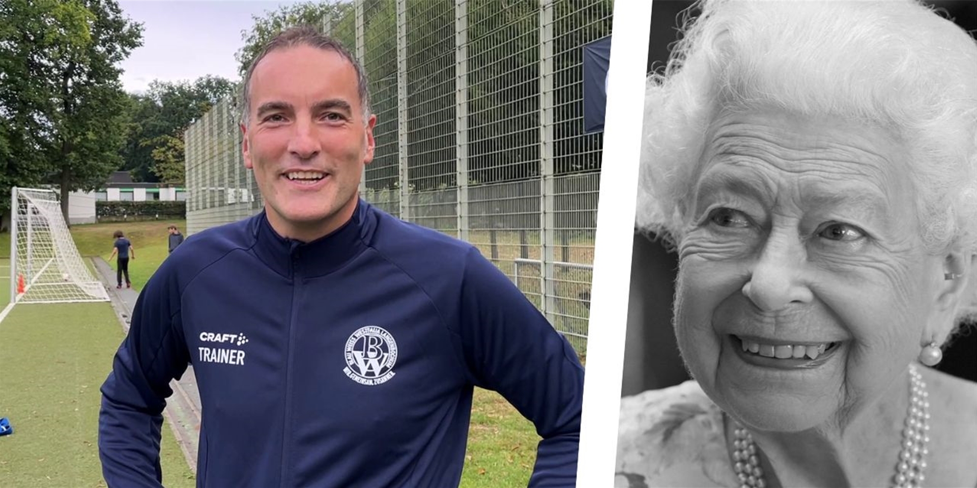 Der gebürtige Brite Andy Sidell auf der Platzanlage von Blau-Weiß Westfalia Langenbochum, neben einem Bild von Queen Elizabeth II.