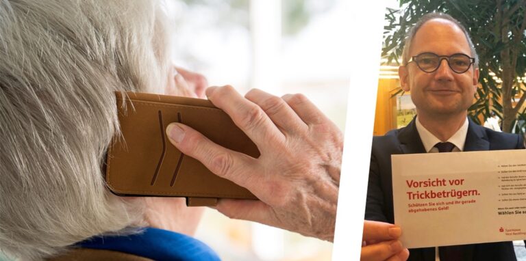 Ein Senior wird angerufen. Martin Zill von der Sparkasse Vest zeigt einen Briefumschlag, mit dem vor Trickbetrügern gewarnt wird.