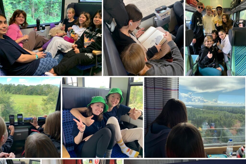 Collage mit verschiedenen Bilder, die Kinder während einer Zugfahrt zeigen.