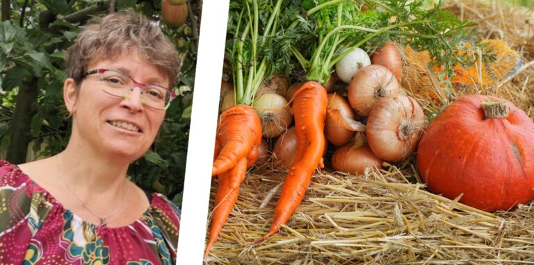 Montage: Foto von Diakonin Dagmar Uzoh und eine Sammlung von Gemüse.