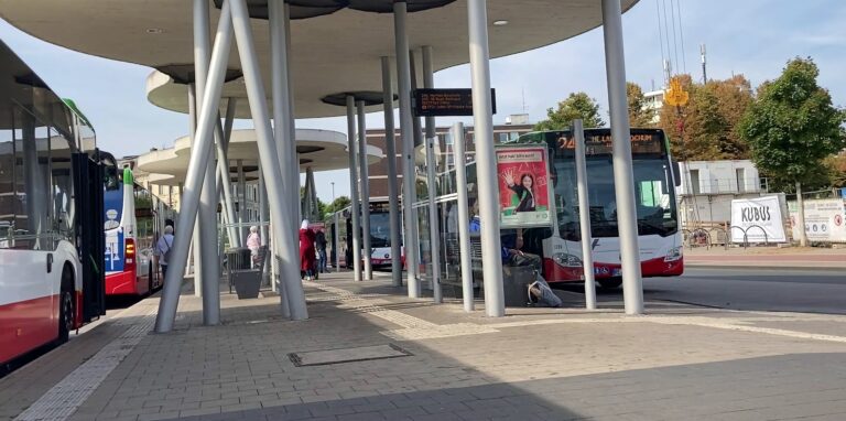 Busse stehen am Busbahnhof in der Hertener Innenstadt.