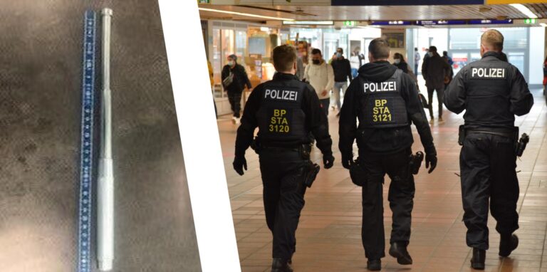 Bundespolizisten kontrollierten am Sonntag zwei Dortmunder mit Drogen im Hauptbahnhof. Eine junge Frau hatte zudem einen Schlagstock, links im Bild, dabei. (Montage)