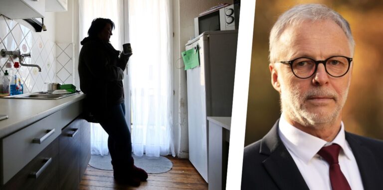 Eine Frau steht in einer dunklen Küche. Daneben das Porträtbild von Hertens Bürgermeister Matthias Müller.
