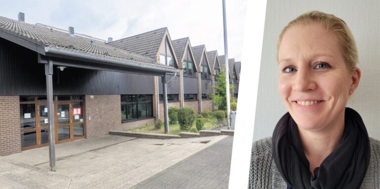 Stadt-Dezernentin Barbara Sosna neben der Stimberghalle in Oer-Erkenschwick
