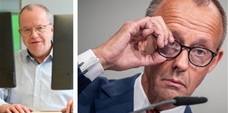 Redakteur Ulrich Breulmann (l.) und Friedrich Merz, CDU-Vorsitzender und Fraktionschef der CDU/ CSU-Fraktion im Bundestag, in einer Collage.