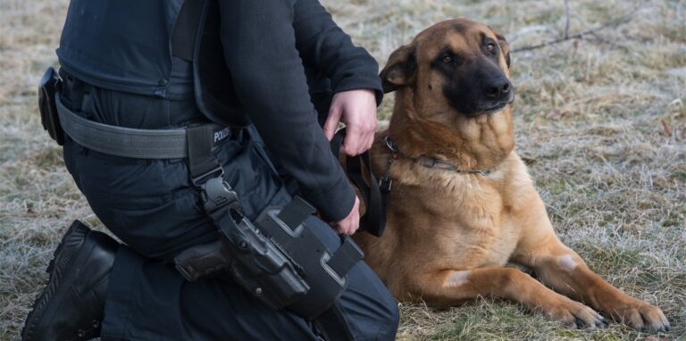 Ein Diensthundeführer der Polizei mit seinem Hund.