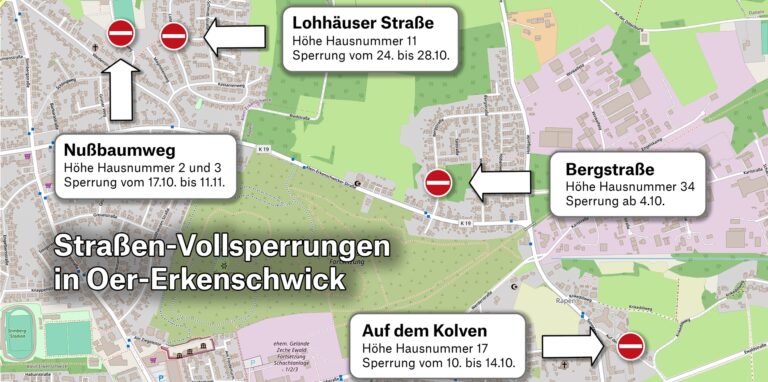 Eine Karten zeigt, wo Straßen in Oer-Erkenschwick gesperrt sind bzw. werden.