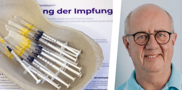 Ein Porträtfoto von Dr. Jürgen Philipp aus Herten, neben mehreren Spritzen für eine Corona-Impfung.