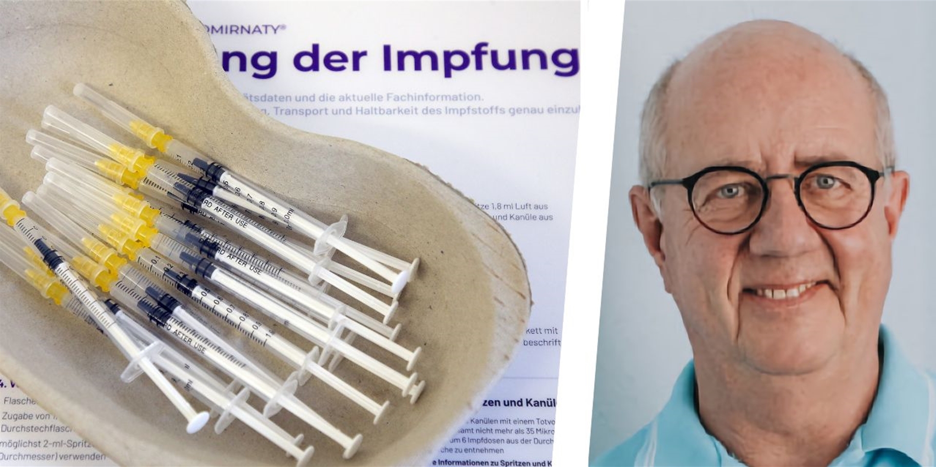 Ein Porträtfoto von Dr. Jürgen Philipp aus Herten, neben mehreren Spritzen für eine Corona-Impfung.