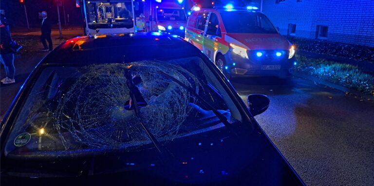 Ein E-Scooter-Fahrer stieß mit diesem Auto aus Oberhausen zusammen. Dabei zersplitterte die Frontscheibe.