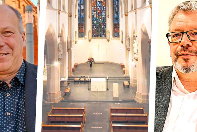 Für den evangelischen Pfarrer Andreas Wilkens (l.) und den katholischen Kreisdechanten Karl Kemper (r.), ist klar, dass die Kirchen im Winter in ihren Gebäuden Energie sparen. Das Bild in der Mitte zeigt den hohen Innenraum der St. Georg-Kirche in Alt-Marl.