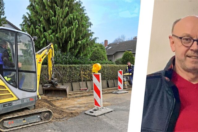 Montage: Mini-Bagger beim Glasfaser-Ausbau, Waltrops Wirtschaftsförderer Burkhard Tiessen.