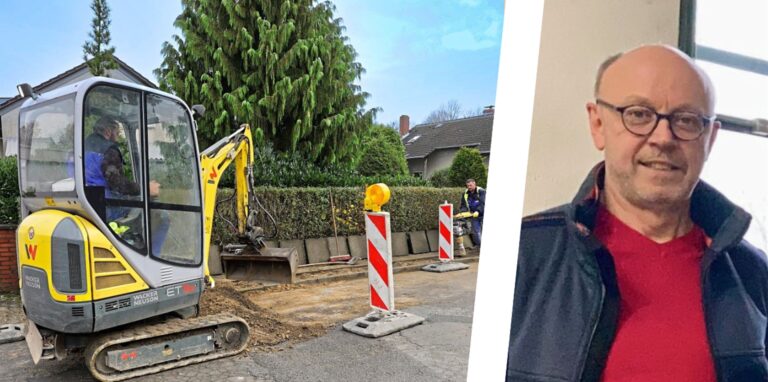 Montage: Mini-Bagger beim Glasfaser-Ausbau, Waltrops Wirtschaftsförderer Burkhard Tiessen.