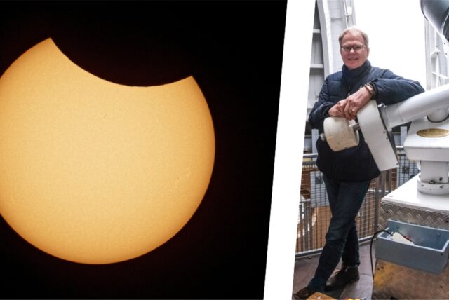 Montage: Foto einer Sonnenfinsternis und ein Bild des Sternwarten-Leiters Burkard Steinrücken