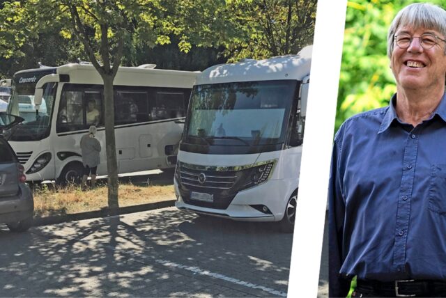 LiBOE-Fraktionsvorsitzender Josef Oeinck aus Oer-Erkenschwick neben einem Wohnmobilstellplatz.