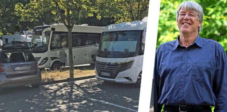 LiBOE-Fraktionsvorsitzender Josef Oeinck aus Oer-Erkenschwick neben einem Wohnmobilstellplatz.
