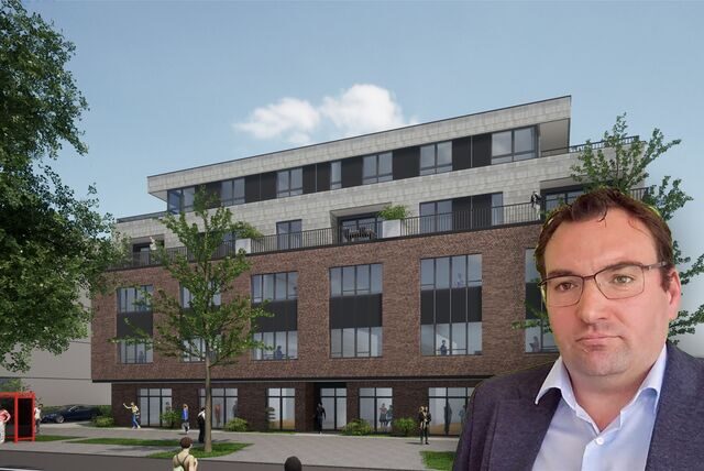 Investor Patrick Böing und das von ihm geplante Wohn- und Geschäftshaus an der Ludwigstraße in Oer-Erkenschwick.